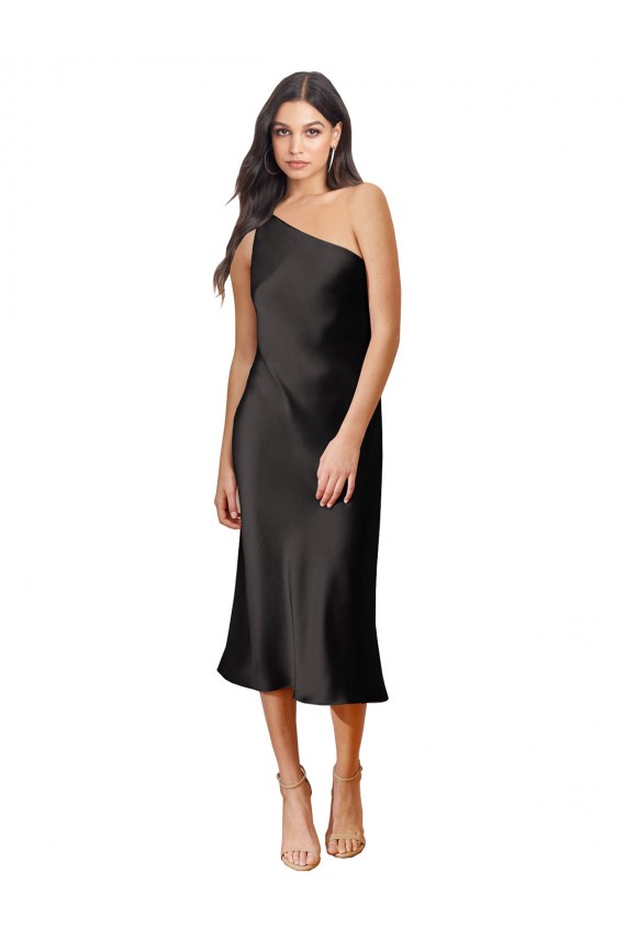 Cheapest Sleek One Shoulder Midi Length Short Stretch Satin Slip Cocktail Prom Dress / Homecoming Dress UK