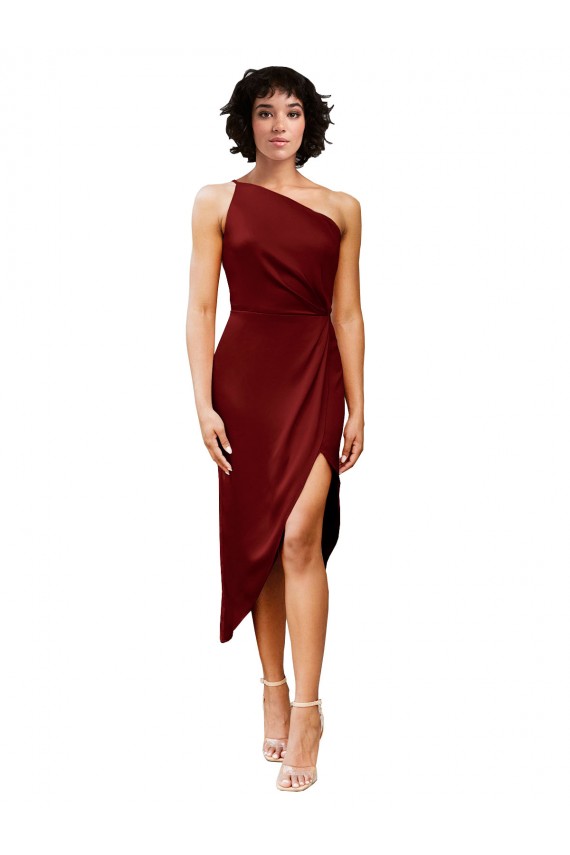 Cheapest One Shoulder Midi Length Short Stretch Satin Wrap Style Cocktail Prom Dress / Homecoming Dress UK