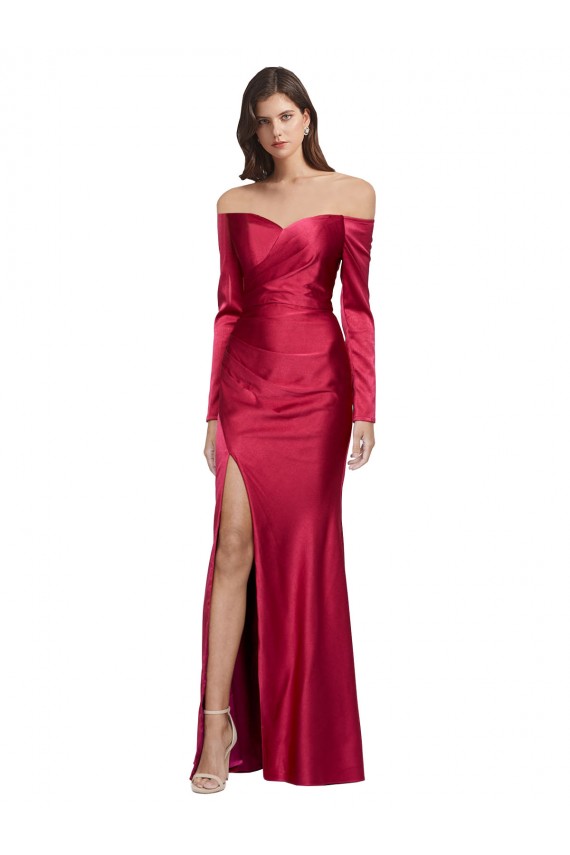 Cheapest Long Sleeves Off the Shoulder Stretch Satin Prom Dress with High Side Split UK