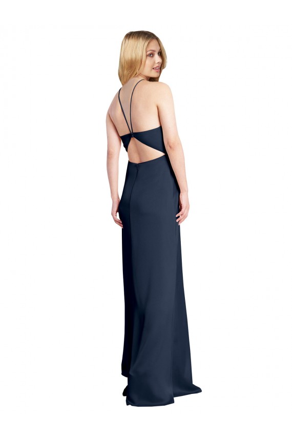 Cheapest Halter Neckline Long Stretch Satin Prom Dress with Strappy Back and Side Slit UK