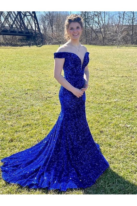 Cheapest Off the Shoulder Sleeveless Long Sweep Train Velvet Sequin Prom Dress UK