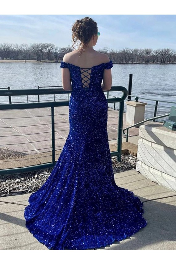 Cheapest Off the Shoulder Sleeveless Long Sweep Train Velvet Sequin Prom Dress UK
