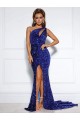 Cheapest Mermaid One Shoulder Sleeveless Long Court Train Velvet Sequin Prom Dress with Slit UK