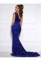 Cheapest Mermaid One Shoulder Sleeveless Long Court Train Velvet Sequin Prom Dress with Slit UK