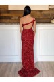 Cheapest One Shoulder Sleeveless Long Sweep Train Velvet Sequin Prom Dress UK