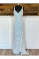 Cheapest V-Neck Sleeveless Long Sweep Train Velvet Sequin Prom Dress UK