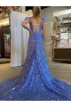 Cheapest A-Line V-Neck Sleeveless Long Court Train Velvet Sequin Prom Dress with High Slit UK