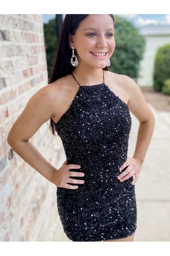Cheapest Halter Sleeveless Short Velvet Sequin Prom Dress UK