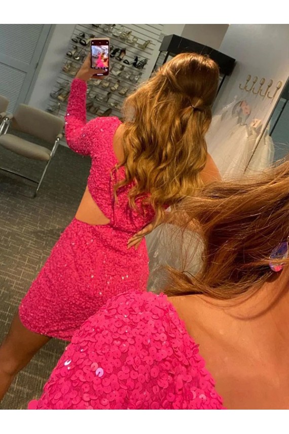Cheapest One Shoulder Long Sleeves Short Velvet Sequin Prom Dress UK