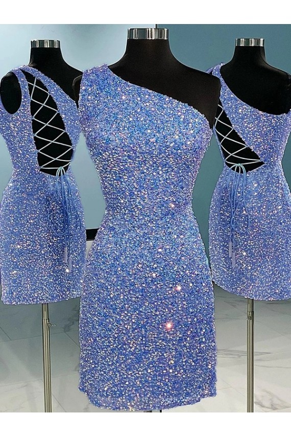 Cheapest Short Velvet Sequin One Shoulder Sleeveless Prom Dress UK