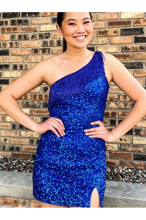 Cheapest One Shoulder Sleeveless Short Velvet Sequin Royal Blue Prom Dress UK