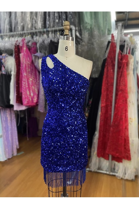 Cheapest One Shoulder Keyhole Sleeveless Short Velvet Sequin Prom Dress UK