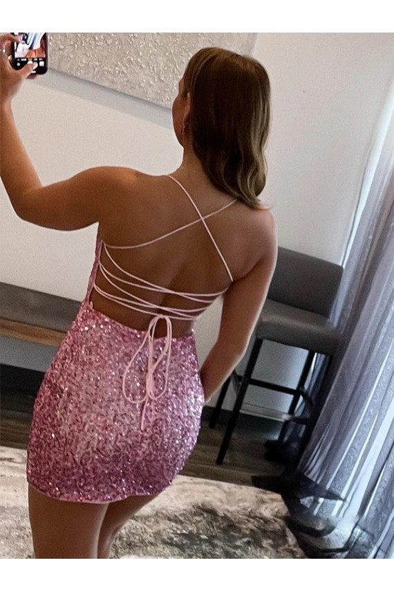 Cheapest Spaghetti Straps Sleeveless Short Velvet Sequin Prom Dress UK