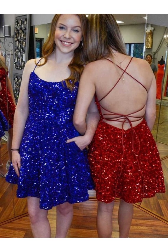 Cheapest A-Line Spaghetti Straps Sleeveless Short Velvet Sequin Prom Dress UK