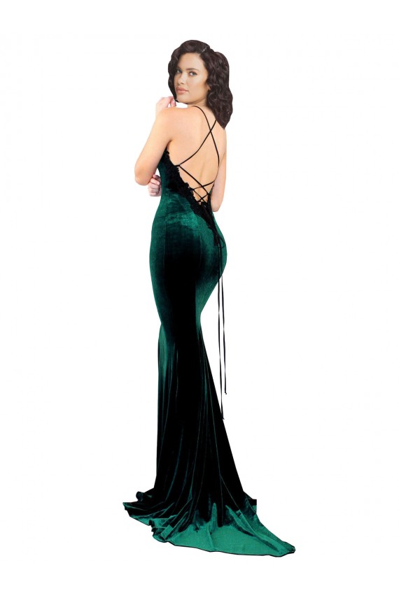 Cheapest High Neck Stretch Velvet Prom Dress with Black Lace Embroidery UK