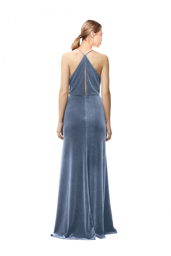 Cheapest Halter Cowl Neck Long A-Line Velvet Prom Dress with Keyhole Back UK
