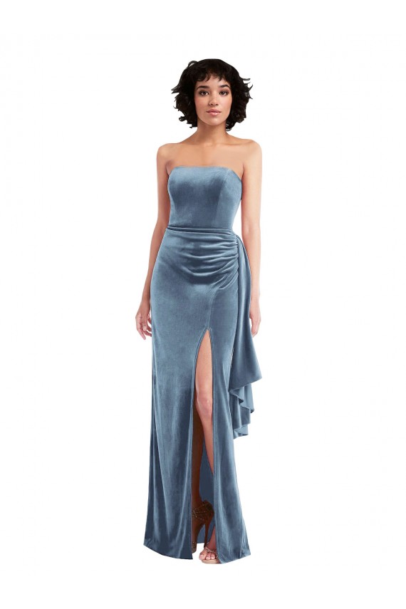 Cheapest Strapless Velvet Maxi Prom Dress with Draped Skirt UK