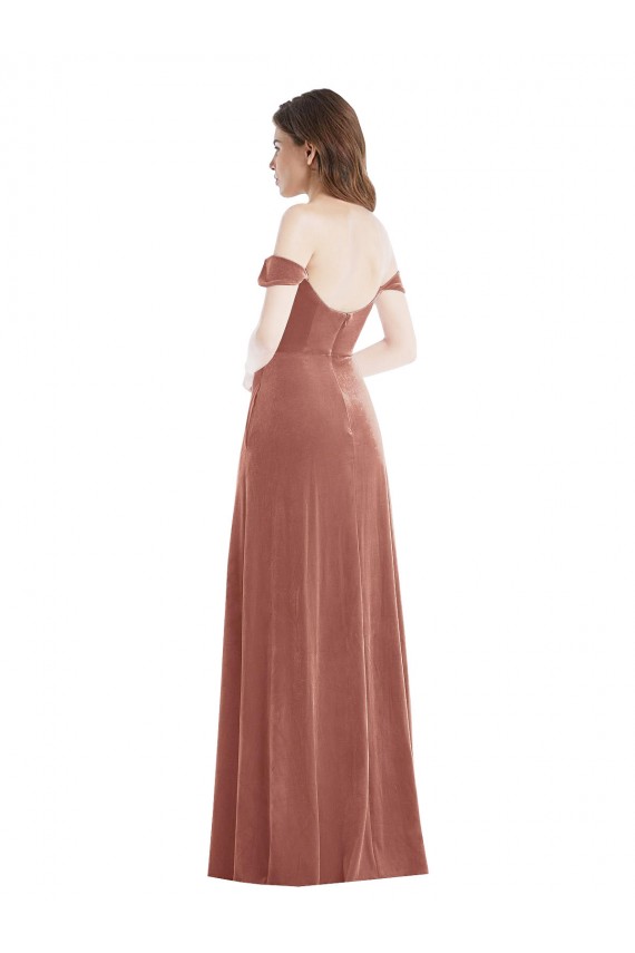 Cheapest Off the Shoulder Flounce Sleeve Velvet Maxi Prom Dress & Pockets UK
