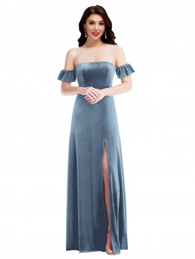 Cheapest Ruffle Sleeve Off the Shoulder Velvet Maxi Prom Dress UK