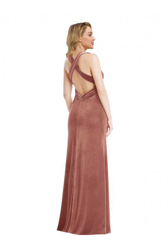Cheapest Plunging Neckline Velvet Maxi Prom Dress with Criss Cross Open Back UK