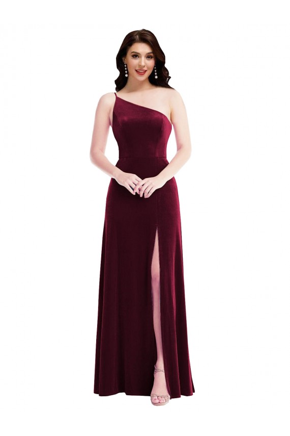 Cheapest One Shoulder Spaghetti Strap Velvet Maxi Prom Dress with Pockets UK