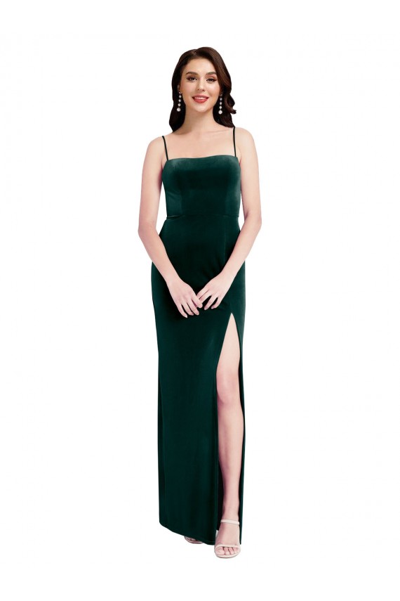 Cheapest Straight Neckline Spaghetti Straps Long Velvet Prom Dress with High Side Slit UK