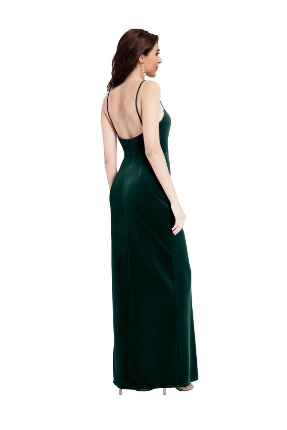 Cheapest Straight Neckline Spaghetti Straps Long Velvet Prom Dress with High Side Slit UK
