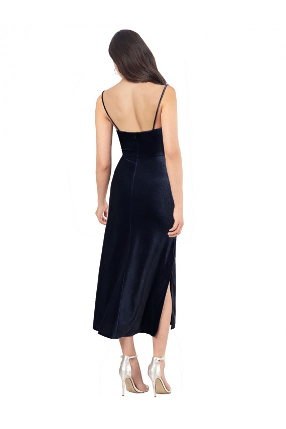 Cheapest Midi Length Velvet Cocktail Prom Dress / Homecoming Dress with Cowl Neck and Spaghetti Straps UK