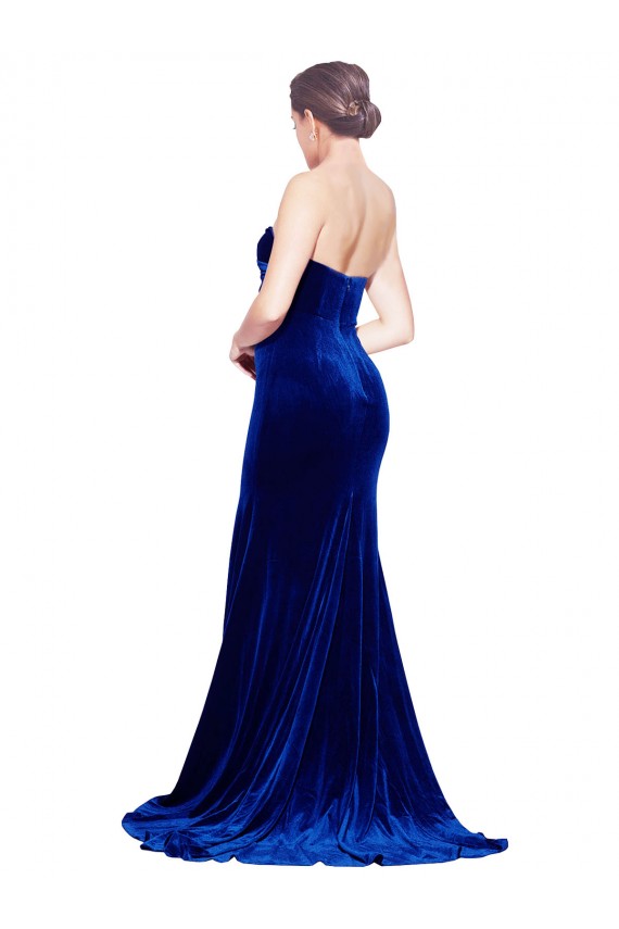 Cheapest Strapless Ruched Velvet Prom Dress with Sweep Train and Front Slit UK
