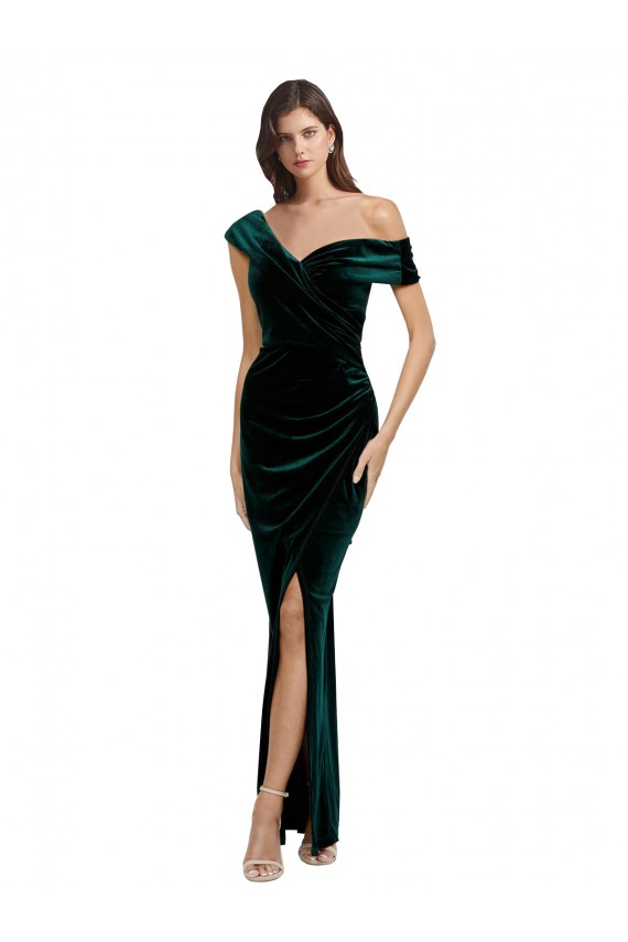 Cheapest Long Asymmetric Neckline Ruched Velvet Prom Dress UK